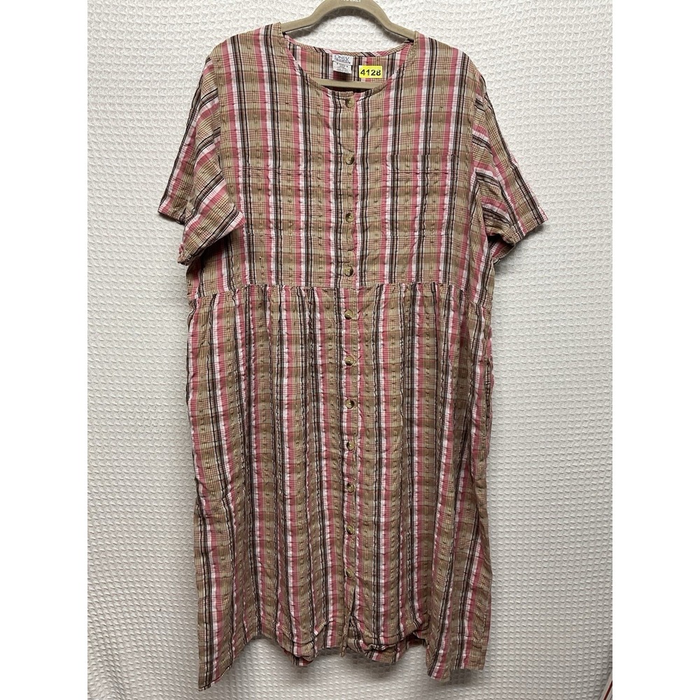Vtg Only Necessities Housecoat Lounger House Dress Prairie Cotton 22W Pink Plaid